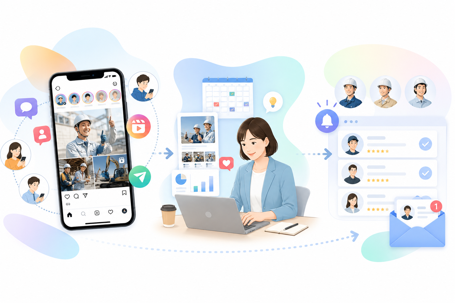 自社で複数のSNSアカウントを運用し、採用につなげるイメージ